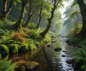 Wall Mural - Moss-covered trees and ferns along the river Barle , tree, vegetation