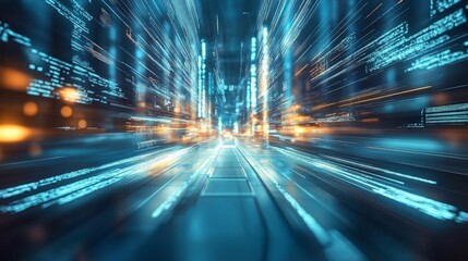 Wall Mural - futuristic data stream with blues and oranges in motion blur effect