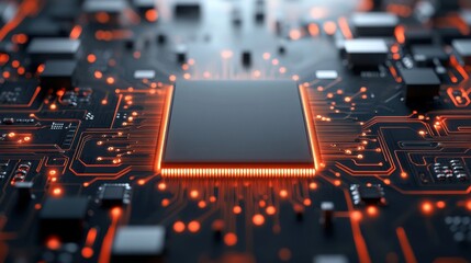 Close-up view of a computer chip with glowing circuitry on a black background highlighting technology and innovation