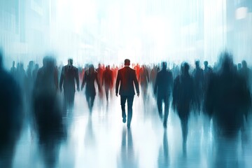 Wall Mural - A solitary figure of a businessman makes his way through a crowd in a tunnel adorned with red and blue lights.