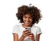 © CozyNessAI - A portrait of a young African American black woman with curly hair looking at her mobile phone and smiling, isolated in a transparent background. Cut out or PNG.