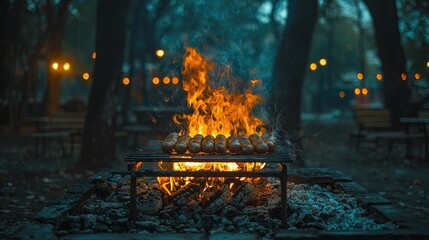 sausages grilling over campfire in forest park at dusk with festive lights
