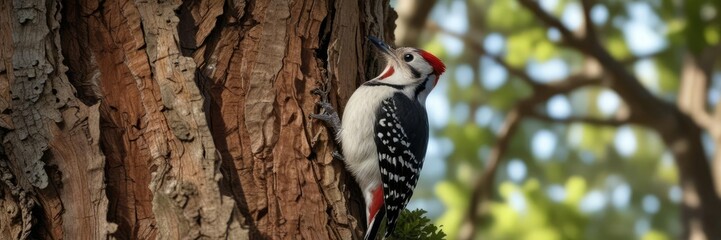 Wall Mural - Ladderback woodpecker peeking from oak tree crotch with changing colors, Texas oak tree, woodland habitat, ladderback woodpecker