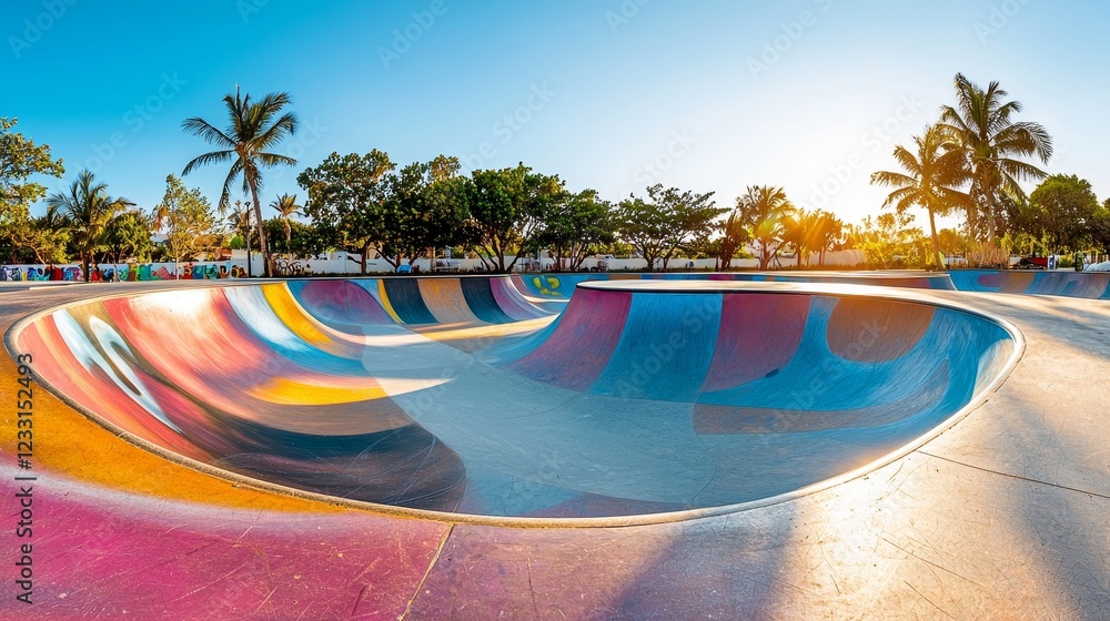 Detailed view of colorful graffiti murals wrapping around a skate ramp ...