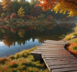 Wall Mural - Lush grass and colorful autumn leaves surround a small wooden pier over the calm lake waters, , autumn colors