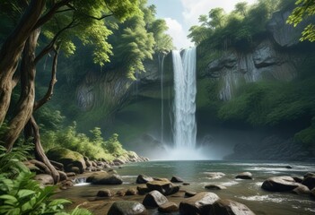 Wall Mural - Lush green forest surrounding majestic waterfall in river landscape, forest, landscape, cascade, scenic, waterfall