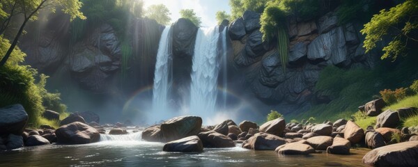 Wall Mural - Majestic waterfall cascading over rocks with vibrant rainbow in lush green forest, colorful, scenery, flowing, trees