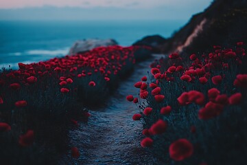 Wall Mural - Stunning Red Poppy Field by the Sea