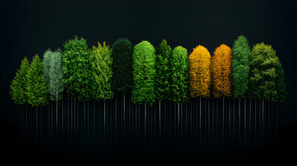 Diverse trees, seasonal change, dark background, nature concept, website banner