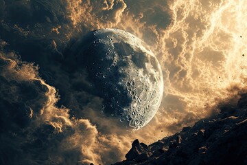 Wall Mural - the moon satellite explodes in space, surreal landscape