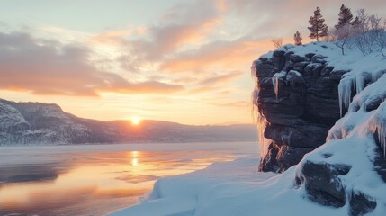 Serene Winter Sunset Over Frozen Lake and Icy Cliffs