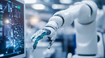 Wall Mural - robotic hand interacting with computer interface technology concept