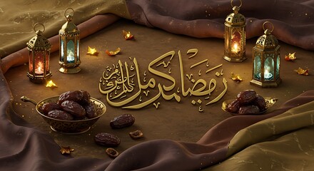 Ramadan Mubarak: Golden Calligraphy, Dates, and Lanterns