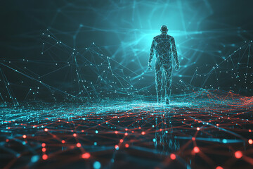 Glowing wireframe of an ethical hacker working on a digital interface concept