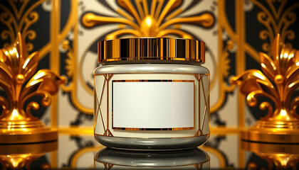 Wall Mural - Glossy metallic cream jar mockup with gold and black geometric accents and blank white label, surrounded by luxurious patterns and gold ornamental decorations,