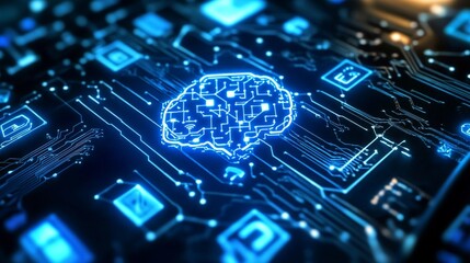 Wall Mural - futuristic digital brain illustration with circuit patterns and light effects