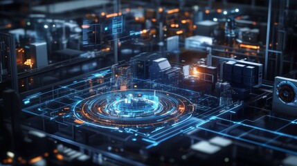 Wall Mural - futuristic data center with blue technology and circuit patterns
