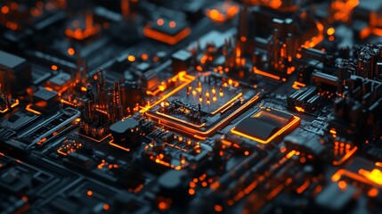 Wall Mural - futuristic circuit board with glowing orange elements in dark setting