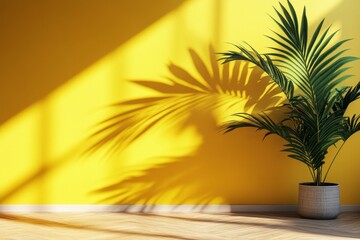 Wall Mural - a studio background with a yellow gradient, including window shadows and foliage