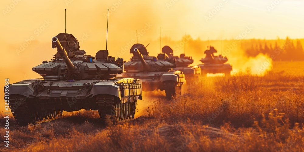 Several russian t 72b3 main battle tanks are driving on a dusty ...