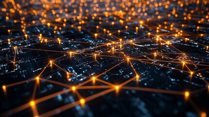 Wall Mural - abstract digital network with glowing nodes and lines in dark background