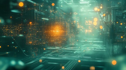 Wall Mural - futuristic digital realm with glowing particles and abstract depth