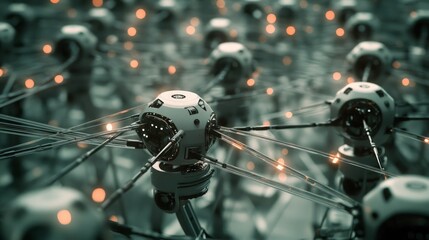 Wall Mural - futuristic network of robots with glowing connections and nodes