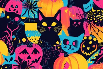Naklejka na meble Neon Cats Pumpkins And Spiders Halloween Art