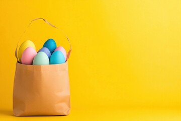 Sticker - Vibrant colored Easter eggs in a brown paper bag on a bright yellow background, perfect for spring celebrations and holiday decor