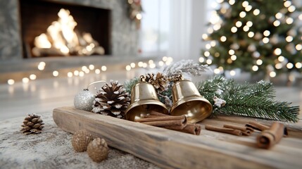 Wall Mural - Cozy Christmas bells, pine cones, cinnamon on tray near fireplace and tree