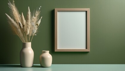 Wall Mural - Three blank pictures frames mockup wall art posters on a green fresh wall with decorative items	