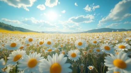 a field of white daisies stretching to the horizon under a clear blue sky with clouds and sun