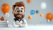 © tuiphotoengineer - Animated cartoon character of a smiling businessman with glasses beard and a tie standing with his arms crossed and a speech bubble next to him surrounded by colorful balloons in a professional