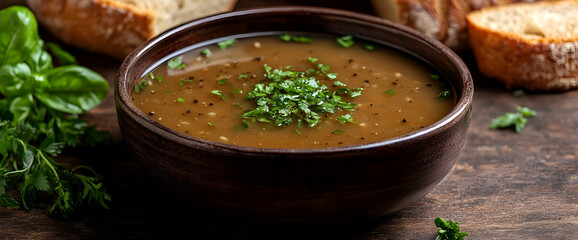 Wall Mural - Brown Soup in Rustic Bowl with Herbs and Bread