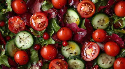 Poster - Closeup Vibrant Red And Green Salad With Tomatoes And Cucumbers