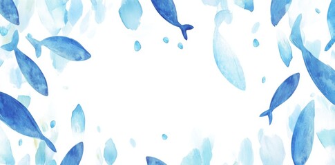 A hand-drawn watercolor illustration of a shoal of fish, forming a seamless pattern on an isolated background with wavy lines. This undersea drawing serves as a blue-colored border for banners or