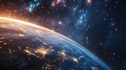 planet earth viewed from space with colorful cosmic backdrop and stars illuminating the vast univers