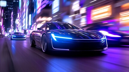 Wall Mural - Futuristic cars racing city night neon