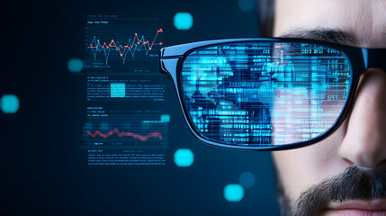 Man wearing glasses displaying data, analyzing graphs, futuristic background, tech concept