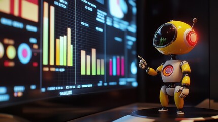 Wall Mural - cute robot character pointing at colorful data visualization charts