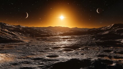 Wall Mural - surreal cosmic landscape with twin moons and radiant sunlight