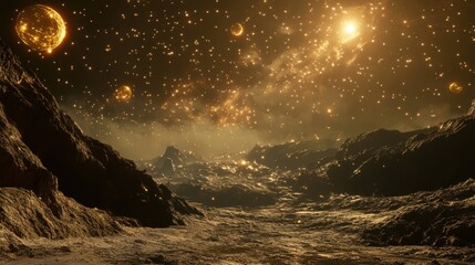Wall Mural - Cosmic Landscape with Celestial Bodies and Starry Night Sky