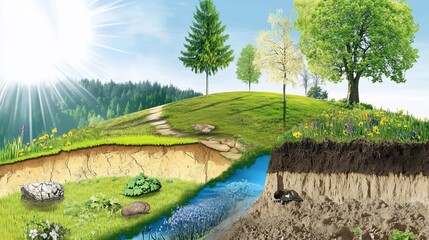 Nature landscape illustration with a path and cross-section showing the soil and stream