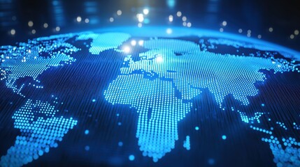 Wall Mural - digital world map with blue dots and glowing effects at night