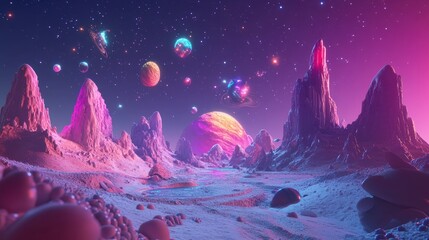 Wall Mural - Dreamy Cosmic Landscape with Colorful Planets and Stars at Night