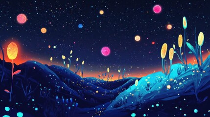Wall Mural - vibrant fantasy landscape with stars and glowing flowers at night