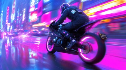 Wall Mural - Night Rider, City, Speed, Neon, Rain, Motorcycle, Motion Blur, Cyberpunk