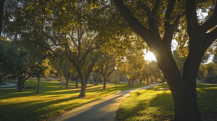 Canvas Print - Sunlight filtering through trees in a park casting long shadows on the path