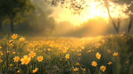 Sticker - Warm golden hour sunset illuminates a serene spring meadow with soft focus yellow flowers and swaying grass, set against a blurred tranquil forest background. Mystic Meadow. Illustration