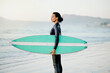 © peopleimages.com - Woman thinking, surfboard or surfer at beach for fitness training, workout or sports exercise at sunrise. Healthy athlete ready for surfing, looking or searching for waves on holiday vacation at sea